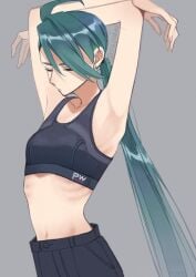 1boy armpits arms_up artist_request belly belly_button closed_eyes clothed cro_pokey ear_piercing eyes_closed female female_only game_freak green_hair long_hair pierced_genitals piercing piercings pokemon rika_(pokemon) stretching stretching_arms tagme tagme_(artist) thin tied_hair tomboy tummy