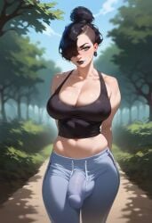 1futa ai_generated arms_behind_back big_breasts big_penis black_hair black_lipstick blush bulge cleavage curvaceous curvy curvy_figure depth_of_field earrings erection_under_clothes futa_only futanari goth hair_bun hair_over_one_eye hips light_skin lipstick looking_at_viewer midriff nature navel outdoors outside pale_skin pants phoenixeugene public self_upload solo solo_focus solo_futa stable_diffusion standing sweatpants tank_top thick_thighs thighs wide_hips