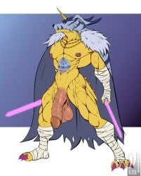 abs anthro balls bandage bandai_namco cape circumcised clothing digimon digimon_(species) gabumon genitals hi_res horn iudicium86 male melee_weapon muscular nipples pecs penis saggy_balls solo solo_male sword vein veiny_penis weapon wraps