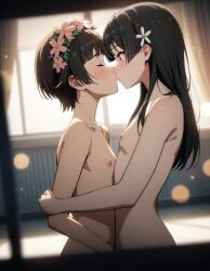 ai_generated classroom flat_chest kissing nude saten_ruiko schoolgirl toaru_kagaku_no_railgun uiharu_kazari yuri