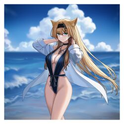 1girls arknights beach cleavage female female_only gaai headband horn_(arknights) swimsuit tail thighs wolf_ears wolf_girl