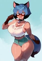 1girls ai_generated anthro blue_hair brand_new_animal furry huge_ass huge_breasts looking_at_viewer michiru_kagemori shorts solo standing sweat thiccwithaq_(ai_style) thick_thighs topwear