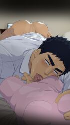 1boy absurd_res all_fours ass ass_up bara bed bedroom big_ass big_butt black_hair blush bottomless breast_grab facial_hair fingering fingering_pussy fumio(ふみを) fumio_(snnmfmw) fumiyo goatee goatee_stubble grabbing_breast highres horny horny_male human human_only indoors licking_pussy licking_sex_toy light-skinned_male light_skin male male_focus male_only muscle muscles muscular muscular_ass muscular_male my_senpai_is_annoying on_bed pink_sex_toy senpai_ga_uzai_kouhai_no_hanashi sex_toy shirt shirt_only short_hair solo solo_focus solo_male sweat sweatdrop sweating takeda_harumi_(shiromanta) thick_eyebrows tongue tongue_out topwear topwear_only uncensored white_shirt