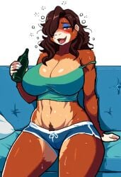 abs ai_generated animal_ears animal_nose anthro anthro_only athletic_shorts blank_background blue_eyes blush brown_hair cleavage drunk eyeshadow female_focus furry furry_breasts furry_female furry_only giant_breasts hair_over_one_eye holding_drink intoxicated large_breasts long_hair looking_at_viewer majorfluffy mature_anthro mature_female midriff milf monkey monkey_girl muscular_anthro muscular_female novelai off_shoulder open_mouth primate pubes short_shorts sitting solo solo_anthro solo_female sweaty tagme thick_thighs two_tone_body two_tone_fur
