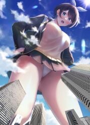 1girls black_hair blackswamp0808 breasts cameltoe city from_below giantess green_eyes hair_ribbon jacket kanojo_okarishimasu looking_down miniskirt panties sarashina_ruka skyscraper upskirt white_panties