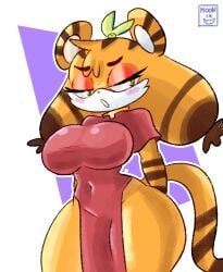 1girls anthro arms_behind_back artist_logo big_breasts blush chinese_clothes dou_(diives) dress female female_only green_eyes hi_res looking_at_viewer moonix_xero narrowed_eyes pantherine solo tail thick_thighs tiger very_high_resolution wide_hips xingzuo_temple