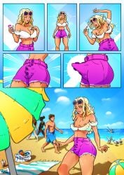 1boy 1female 1girls beach beach_background big_butt blonde_female blonde_hair breast_shrinking bulge bulge_through_clothing bulge_under_clothes cock color colored comic erection erection_under_clothes exposed_nipples female_to_male femboy feminine_body feminine_male ftm_transformation gender_transformation genderswap_(ftm) nipple_slip nipples original original_character penis_visible_through_clothing pink_nail_polish pink_nails rule_63 shiny shiny_skin shrinking sissy sissyfication solo solo_focus textless thick_thighs thighs thin_waist transformation wardrobe_malfunction wovenmind