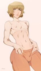 1boy 1femboy ball_bulge blonde_hair blue_eyes bulge clothing earrings femboy genderswap_(ftm) girly male male_only mario_(series) navel_piercing nintendo nipple_outline penis_bulge prince_apricot princess_peach rule_63 simple_background solo super_mario_bros. targso