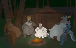 after_vore bear blue_body blue_skin body_hair brown_body brown_fur cabin campfire canid canine chest_hair dragon elderly equid equine forest forest_background fox fur grey_body grey_fur grey_hair hair heusebio_(hunterramirez) horn horse hunterramirez male mammal miguel_(hunterramirez) muscular mythological_creature mythological_scalie mythology nature nature_background night plant ramon_(hunterramirez) scalie theodore_(hunterramirez) tree vore white_body white_fur