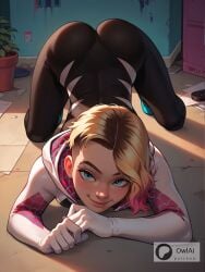 ai_generated ass_focus ass_up blonde_hair bodysuit female female_focus female_only gwen_stacy gwen_stacy_(spider-verse) marvel marvel_comics owlai patreon short_hair spider-gwen spider-man:_into_the_spider-verse spider-man_(series) superheroine teenage_girl teenager