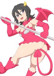 1girls ass black_hair bleach boots breasts demon_girl demon_horns demon_tail female gloves horns kabeume kuchiki_rukia short_hair small_breasts solo tail thick_thighs thighs white_background