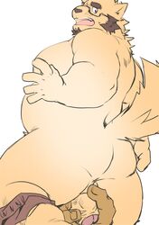 2021 anthro ass balls belly canid canine canis domestic_dog ellie_saionji eyewear genitals glasses hi_res humanoid_genitalia humanoid_hands humanoid_penis kemono male mammal moobs overweight overweight_male penis simple_background solo_focus white_background