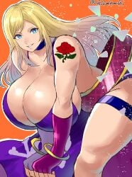 1girls 2d 2d_(artwork) big_breasts blonde_hair blue_eyes bonne_jenet breasts_bigger_than_head chikoinochi cleavage curvaceous curvy_female dress dress_slit feet_out_of_frame female female_only garou:_mark_of_the_wolves gloves king_of_fighters large_breasts leaning_forward light-skinned_female light_skin long_hair purple_dress rose shoulder_tattoo snk straps tattoo thick_thighs voluptuous voluptuous_female wide_hips