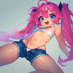 1girls ai_generated blue_eyes cameltoe clothed female female_only flat_chest hip_dips milim_nava panties pink_hair short_shorts smile solo tensei_shitara_slime_datta_ken thighs thong_straps tubetop tummy twintails young