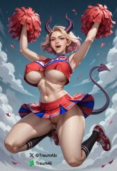 1girls ai_generated cheerleader cheerleader_uniform demon demon_girl demon_horns demon_tail earrings fangs female female_only huge_breasts jumping midriff no_bra no_panties pink_hair pussy self_upload shaved_pussy shoes socks solo solo_female traumai underboob