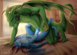 anthro blush bodily_fluids claws crystalberry digital_media_(artwork) dragon duo erection ether_(dragon) genital_fluids genitals horn male male/male male_penetrated male_penetrating male_penetrating_male nude open_mouth penetration penis reptile sal_(dragon) scalie sex simple_background size_difference slit slit_penetration slit_play smile tongue wings