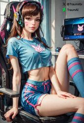 1girls ai_generated asian asian_female blizzard_entertainment d.va female female_focus female_only gamer gamer_chair gamer_girl looking_at_viewer midriff nipples nipples_visible_through_clothing overwatch overwatch_2 self_upload shorts sitting socks solo solo_female traumai