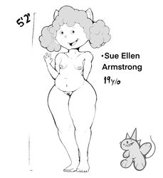 aged_up anthro areola arthur_(series) barefoot breasts digital_media_(artwork) domestic_cat dummycervine english_text feet felid feline felis female genitals gesture hair hi_res looking_at_viewer mammal monochrome nipples nude open_mouth pubes pussy shortstack smile solo sue_ellen_armstrong text watermark waving