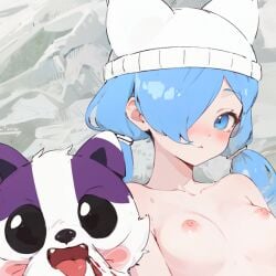 ai_generated amelia arctic_fox badger blue_eyes blue_hair blush bust_portrait female foxgirl hitter_critter kitsune kon_kon_keisha lying_down lying_on_bed nosebleed pet small_breasts tongue_out twintails white_hat