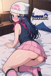 ai_generated ass ass_focus beanie black_shirt blue_eyes blue_hair blush dawn_(pokemon) game_freak micro_panties miniskirt nintendo thighs