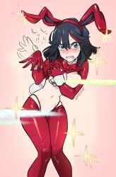 1girls blush bunny_ears bunny_tail bunnysuit censored censored_nipples convenient_censoring covering_breasts embarrassed_female female female_only gyosone kill_la_kill latex latex_bodysuit matoi_ryuuko reverse_bunnysuit solo