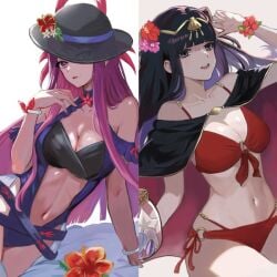 2girls alternate_costume bikini black_hat blue_one-piece_swimsuit blue_swimsuit bracelet casual_one-piece_swimsuit clothing_cutout dress_swimsuit female female_only fire_emblem fire_emblem_awakening fire_emblem_engage fire_emblem_heroes flower flower_bracelet flower_umbrella hat highres ivy_(fire_emblem) ivy_(summer)_(fire_emblem) jewelry mole mole_on_cheek mole_under_mouth multiple_girls nintendo official_alternate_costume one-piece_swimsuit plumeria red_bikini red_swimsuit stomach_cutout swimsuit tharja_(fire_emblem) tharja_(summer)_(fire_emblem) toeless_footwear tropical_drink umbrella umbrella_flower yuurururun