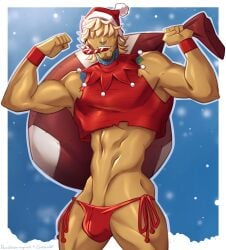 1boy abs ashley_(thepancakehub) blonde_hair bulge candy_cane candy_cane_in_mouth christmas christmas_headwear cocky crop_top ear_gauge facial_hair flexing flexing_bicep gasaiv hair_over_eyes lip_piercing looking_at_viewer male male_only mouth_hold muscular muscular_arms muscular_thighs neck_tattoo nose_piercing nose_ring sack side-tie_panties smile smiling_at_viewer smirk smirking_at_viewer smooth_skin solo solo_male standing stubble tattoo thepancakehub underwear wristband