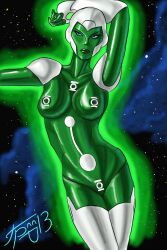 1girls android aya_(green_lantern) blue_eyes dc dc_comics green_lantern_(series) green_skin grriva naked nude nude_female robot