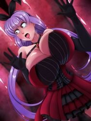 big_breasts breasts clothed clothing eyes_wide_open flesh_wall gloves hacchake_yarou_a_team hatchake_taro kyokou_suiri looking_back nanase_karin open_mouth pressed_against purple_hair scared_expression skirt tears terrified tongue trapped variant_set