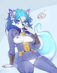 absurd_res anthro bethesda_softworks blue_eyes blue_hair clothing fallout female fur genitals hair hi_res jumpsuit pinup pose pussy solo spuydjeks surprise torn_clothing vault_suit video_games wet white_body white_fur