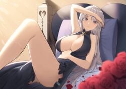 azur_lane bed blue_eyes breasts cleavage dress enterprise_(azur_lane) enterprise_(heroic_finery)_(azur_lane) evening_gown female flower grey_hair hand_on_own_forehead hand_on_own_stomach heart knee_up large_breasts laying_down laying_on_back laying_on_bed long_hair looking_at_viewer lordol official_alternate_costume on_bed orange_background pillow purple_eyes purple_eyes_female rose roses side_slit silver_hair silver_hair_female slender_body slender_waist slim_girl slim_waist thin_waist white_eyebrows white_hair white_hair_female wholesome