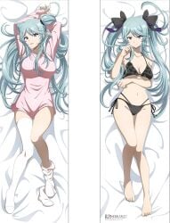 arm_under_breasts arms_behind_head ass_visible_through_thighs bare_arms bare_belly bare_legs bare_shoulders bare_thighs barefoot bed_sheet belly_button big_breasts black_bra black_panties black_underwear bra breasts cleavage collarbone dakimakura dakimakura_design epsilon_(the_eminence_in_shadow) feet kage_no_jitsuryokusha_ni_naritakute! long_hair lying mouth_closed official_art open_mouth panties pink_shirt purple_eyes ribbons shirt shirt_only single_thighhigh sky_blue_hair small_breasts the_eminence_in_shadow thighhighs thighs toe_claws twintails underboob underwear underwear_only white_thighhighs