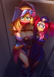 2girls absurdres blonde_hair bondage bound breasts cleavage dark_magician_girl female gag gagged green_eyes highres kidnapped looking_at_viewer mischief_remake multiple_girls red_eyes red_hair scared shadow sweat tour_guide_from_the_underworld two_side_up yu-gi-oh!