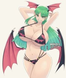 1girls artist_name bat_print big_breasts bikini capcom darkstalkers female female_only green_eyes green_hair hands_behind_head head_wings long_hair looking_at_viewer morrigan_aensland smiling smiling_at_viewer solo succubus succubus_wings teeth_showing wanderjegson white_background wings