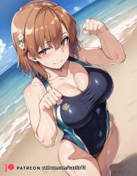 1girls ai_generated alternate_breast_size beach big_breasts breasts busty castle12 curvaceous curvy curvy_body curvy_female curvy_figure female huge_breasts large_breasts misaka_mikoto outdoors paw_pose solo standing sweat sweating sweaty sweaty_body sweaty_breasts swimsuit thick_thighs thighs to_aru_kagaku_no_railgun venus_body voluptuous water wet