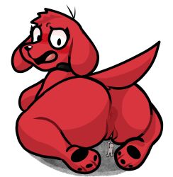 2023 anthro anus ass behind_another big_butt black_collar blush breasts canid canine canis clifford_(red_dog) clifford_the_big_red_dog collar digital_drawing_(artwork) digital_media_(artwork) domestic_dog duo extreme_size_difference female floppy_ears genderswap genderswap_(mtf) genitals gesture hand_gesture hi_res human kneeling lewdewott looking_back macro mammal open_mouth pointing pointing_up pussy rear_view red_body rule_63 simple_background size_difference standing thick_thighs white_background