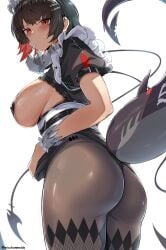 1girls ass black_hair breasts ellen_joe female hi_res huge_breasts large_ass maid maid_headdress micchan_(micchanmeido) red_eyes shark_girl shark_tail tail thick_thighs victoria_housekeeping zenless_zone_zero