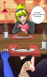 axol_(smg4) cafe commission couple feet foot_fetish foot_focus foot_play footjob footjob_under_table footjob_with_legwear melony_(smg4) smg4 socks stockings teasing toenail_polish toes