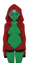 1girls android aya_(green_lantern) breasts color_edit colorized d1975 edit genosaurer green_lantern_(series) green_skin hoodie navel robot