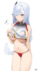 arm_behind_back artist_name bare_arms bare_belly bare_hands bare_hips bare_legs bare_midriff bare_navel bare_shoulders bare_skin bare_thighs bare_torso blue_eyes blue_eyes_female braid breast_curtain breast_curtains breasts cloud_retainer_(genshin_impact) female fundoshi genshin_impact grey_eyes grey_hair hair_ornament hair_over_one_eye hand_behind_back hand_on_breast hand_on_chest hand_on_own_breast hand_on_own_chest hourglass_figure japanese_clothes large_breasts long_hair lordol low-braided_long_hair low-tied_long_hair navel no_pants panties red_panties shenhe_(genshin_impact) simple_background slender_body slender_waist slim_girl slim_waist solo sweat sweatdrop thighs thin_waist underboob underwear white_background white_eyebrows white_hair white_hair_female wide_hips