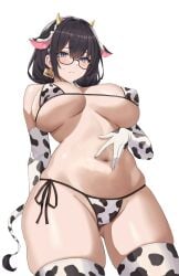 1girls absurd_res animal_ears animal_print arms_behind_back bare_shoulders belly_button bikini bilei black_hair blank_background blue_eyes blush breasts breasts_out closed_mouth cow_ears cow_horns cow_print cow_tail cowboy_shot elbow_gloves fake_animal_ears fake_horns fake_tail female glasses gloves gluteal_fold hair hair_ornament hairband highres horn horns large_breasts looking_at_viewer micro_bikini navel nude nude_female original short_hair side-tie_bikini side-tie_bikini_bottom solo spread_navel stomach swimsuit tail thick_thighs thighhighs thighs underboob