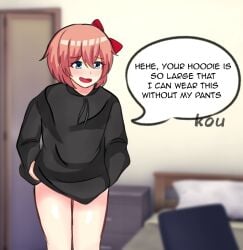 1female 1girls blue_eyes bow doki_doki_literature_club english_text female_focus hair_bow hairbow hoodie hoodie_only kkflick mouth_open no_pants not_porn open_mouth pantsless pantsless_female red_bow red_hair_bow red_hairbow safe safe_for_work sayori_(doki_doki_literature_club) sfw solo_focus speech_bubble strawberry_blonde_hair text text_bubble thighs