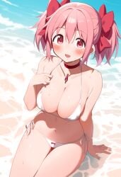 ai_generated beach big_breasts bikini hair_ribbon madoka_kaname magical_girl mahou_shoujo_madoka_magica medium_breasts ocean pink_eyes pink_hair puella_magi_madoka_magica red_ribbon ribbon ribbons soul_gem thick_thighs twintails