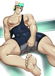 1boy arm_support backwards_baseball_cap ball_bulge ball_grab baseball_cap big_bulge big_chest big_pecs bulge bulge_grab cat_ear_headphones cocky feet feet_towards_viewer gasaiv green_hair hand_on_balls hand_on_bulge headphones headphones_on_head legs_apart looking_at_viewer male male_only muscular muscular_arms muscular_chest muscular_thighs naughty_face nipples original_character pecs penis penis_outline pov pov_eye_contact reclining sitting skin_tight smile smiling_at_viewer solo solo_male tight_clothing wrestling_outfit wrestling_singlet