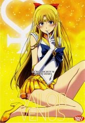 ass_visible_through_thighs bare_arms bare_legs bare_shoulders bare_thighs belly_button_visible_through_clothing bishoujo_senshi_sailor_moon blonde_hair blue_eyes blush breasts doujin_cover doujinshi earrings finger_on_mouth gloves high_heels kitahara_aki long_hair medium_breasts minako_aino mouth_closed necklace ribbon sailor_uniform sailor_venus skirt smile thighs tiara white_gloves yellow_skirt