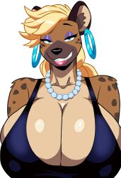 ai_generated animal_ears animal_nose anthro anthro_only bedroom_eyes blonde_hair blonde_haired_female blue_eyes cleavage earrings exposed_collarbone exposed_shoulders eye_shadow eyeshadow female_focus furry furry_breasts furry_female furry_only giant_breasts huge_breasts hyena hyena_girl hyenid lipstick majorfluffy makeup mature_anthro mature_female milf necklace novelai pearl_neckalce smile solo solo_anthro solo_female tagme thick_bottom_lip two_tone_body two_tone_fur white_background