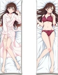 bare_arms bare_belly bare_legs bare_shoulders bare_thighs barefoot bathrobe bed_sheet belly_button big_breasts blush body_blush bra breasts brown_eyes brown_hair cleavage collarbone dakimakura dakimakura_design feet hand_on_thigh kanojo_okarishimasu knee_blush long_hair lying mizuhara_chizuru mouth_closed official_art open_mouth panties purple_bra purple_panties purple_underwear smile thighs toes underwear underwear_only