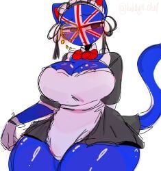 1girls 2024 basic_background big_ass big_breasts blue_body blushing cat_ears cat_tail catgirl countryhumans countryhumans_girl hand_behind_back kak0yt0_chel looking_away maid maid_uniform monacle simple_background solo tagme united_kingdom_(countryhumans)