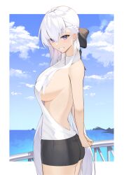 alternate_costume arms_behind_back azur_lane backless_shirt bare_armpits bare_arms bare_back bare_hands bare_shoulders bare_skin bare_thighs belfast_(azur_lane) black_bow black_shorts blue_background blue_sky border bow braid braided_hair breasts cloud clouds collared_shirt cowboy_shot crown_braid day daylight daytime exposed_thighs female from_side grin hair_between_eyes hairbow hands_behind_back large_breasts long_hair looking_at_viewer looking_to_the_side lordol outdoor outdoors outside outside_border own_hands_together purple_eyes purple_eyes_female shirt short_shorts shorts sideboob sideless_shirt simple_background sky sleeveless sleeveless_shirt slender_body slender_waist slim_girl slim_waist smile smiley_face smiling smiling_at_viewer solo standing thin_waist very_long_hair water white_background white_border white_eyebrows white_hair white_hair_female white_shirt
