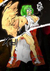 07th_expansion anus bodily_fluids bovid bovine bulging_eyes clothing crab_(pixiv_id_12272845) crucified female footwear gaping gaping_anus green_eyes green_hair hair hi_res higurashi_no_naku_koro_ni hooves human humanoid japanese_text mammal mion_sonozaki not_furry ponytail robe socks solo species_transformation tears text transformation transformation_sequence translation_request vein white_clothing white_footwear white_socks